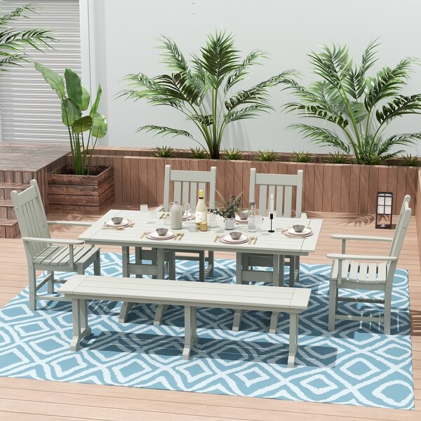 Polytrends Laguna Hdpe All Weather Outdoor Patio Dining Set with Rectangle Table，Arm Chairs and Bench (6Piece Set)