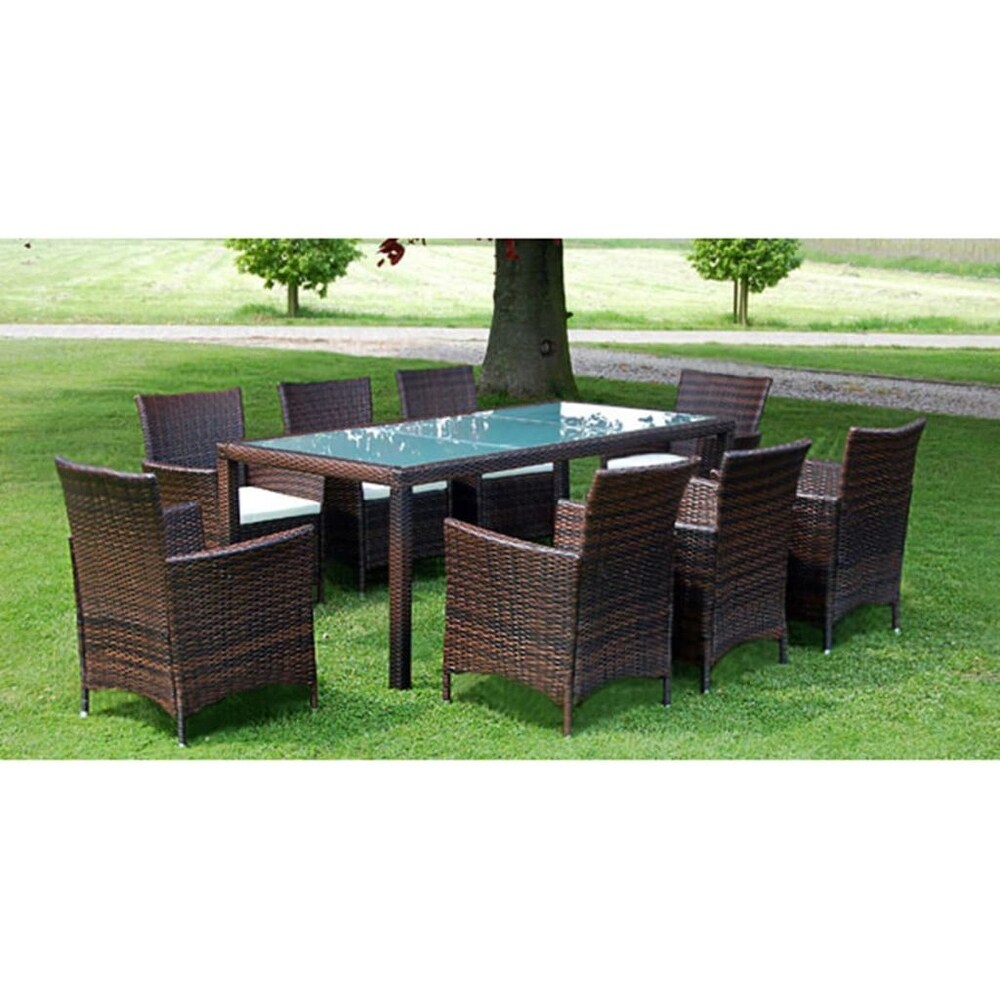 vidaXL 9 Piece Patio Dining Set with Cushions Poly Rattan Brown   74.8\