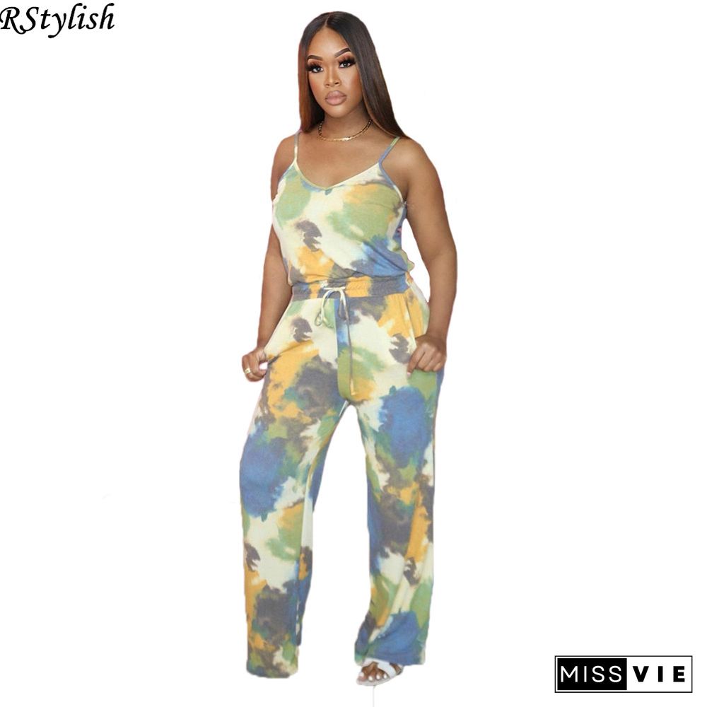 Tie Dye Sexy Spaghetti Strap Top High Waist Long Pants 2 Piece Set