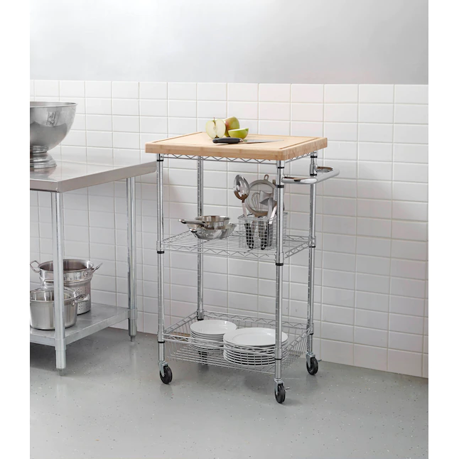 Style Selections Chrome Steel Base with Wood Top Rolling Kitchen Cart (24-in x 19.7-in x 38-in)