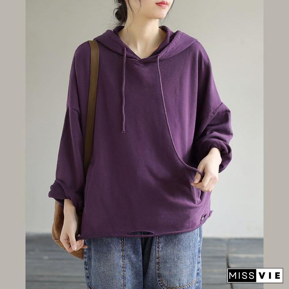 Women Hooded Hole Spring Top Silhouette Photography Purple Blouses