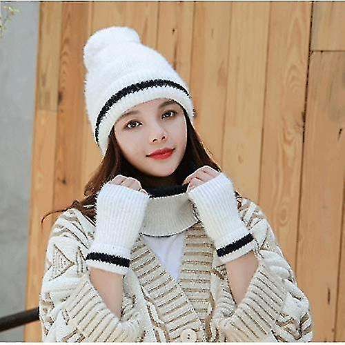 Winter Neck Collar Cap Set Female Beanies Suit Outdoor Plush Knit Women Scarf Hat Gloves Three-piece Set1setwhite