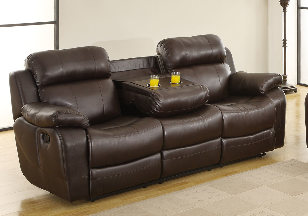 Leather Reclining Three Seater Sofa With Center Drop Down Cup Holder  Brown   Contemporary   Sofas   by Benzara  Woodland Imprts  The Urban Port  Houzz