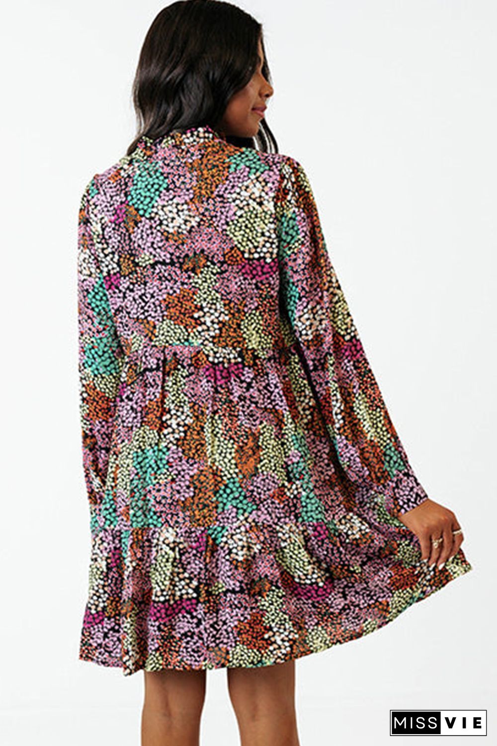 Multicolor Floral Print High Waist V Neck Shirt Dress