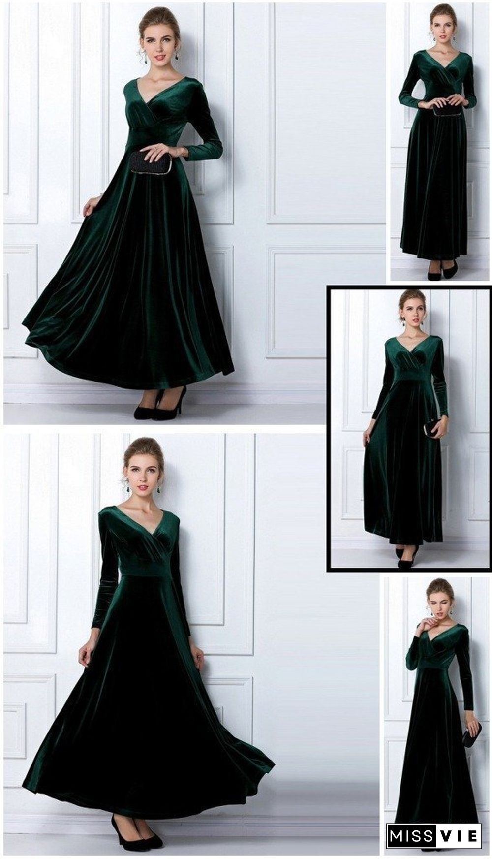 V Neck Velvet Long Sleeve Party Dress