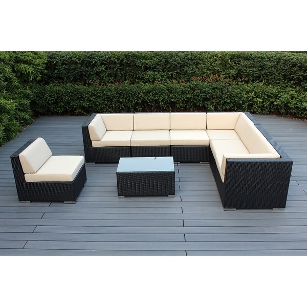 Ohana Outdoor Patio 8 Piece Black Wicker Sectional Set with Cushions