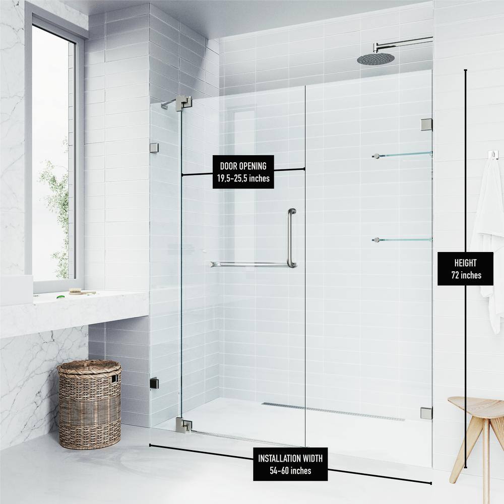 VIGO Pirouette 54 to 60 in. W x 72 in. H Pivot Frameless Shower Door in Brushed Nickel with 38 in. (10mm) Clear Glass VG6042BNCL60