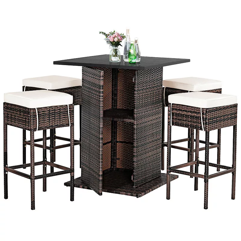 5 Pieces Patio Rattan Bar Table Stool Set Hidden Storage Shelf Cushion