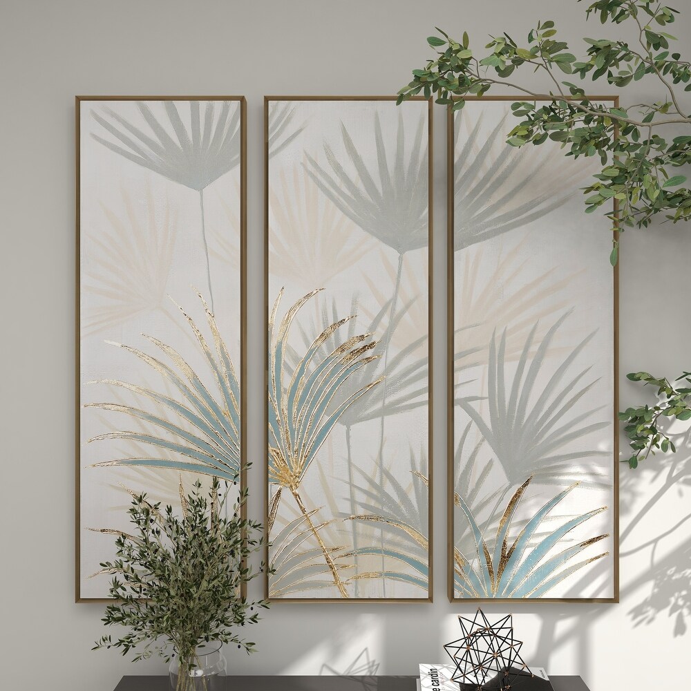 Brown Canvas Palm Leaf Framed Wall Art with Gold Frame (Set of 3)
