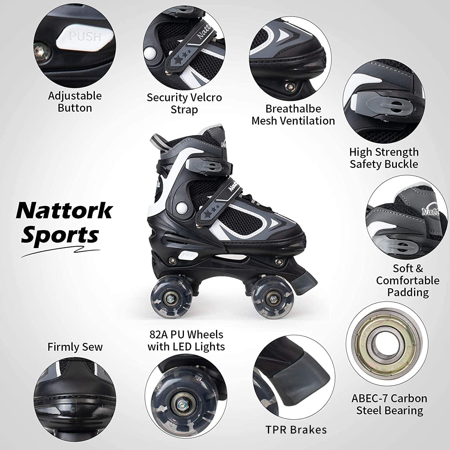 Nattork Kids Roller Skates for Boys Girls Childs 4 Sizes Adjustable Quad Skates with All Light up Wheels Black Small(10C-13C)