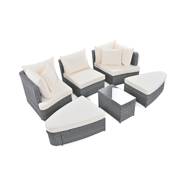 6Piece Patio Outdoor Conversation Sets Round Sectional Sofa，AllWeather PE Wicker Rattan Separate Seating Group with Table