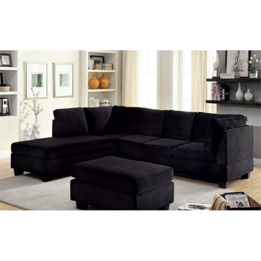 Bowery Hill Modern Fabric Flannelette Ample Seat Sectional in Black   Transitional   Sectional Sofas   by Homesquare  Houzz