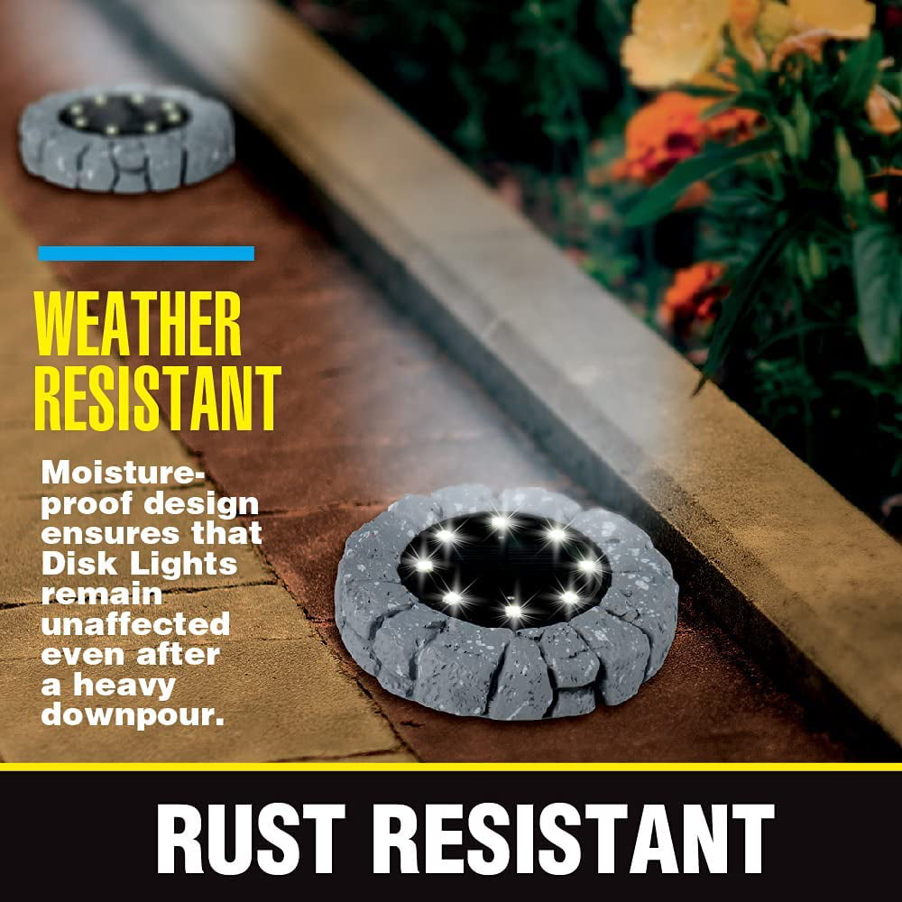 Bell + Howell Disk Lights Stone， Heavy Duty Outdoor Solar Pathway Lights， 8 LED with Included Stakes， Stone， 4 Pack