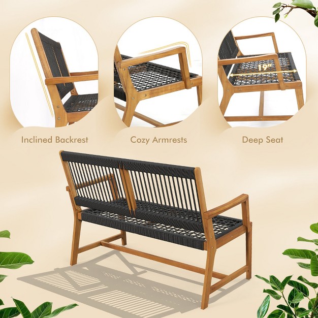 Tangkula Patio 2 person Acacia Wood Bench All weather Rope Woven Outdoor Garden Natural