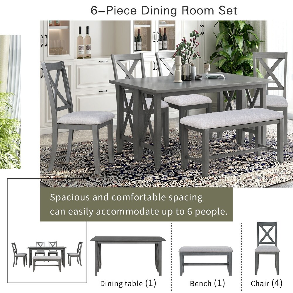 6 Piece Family Dining Set Solid Wood Space Saving Foldable Table   4 Chairs with Bench  for Living  Dining Room   Home Bar  Gray