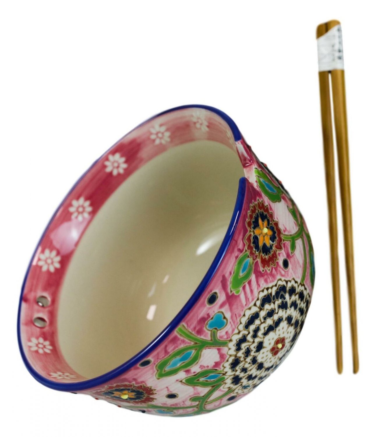 1 Floral Pink Polkadot Art Splash Ramen Noodles Soup Large 6D Bowl W/ Chopsticks EBR02