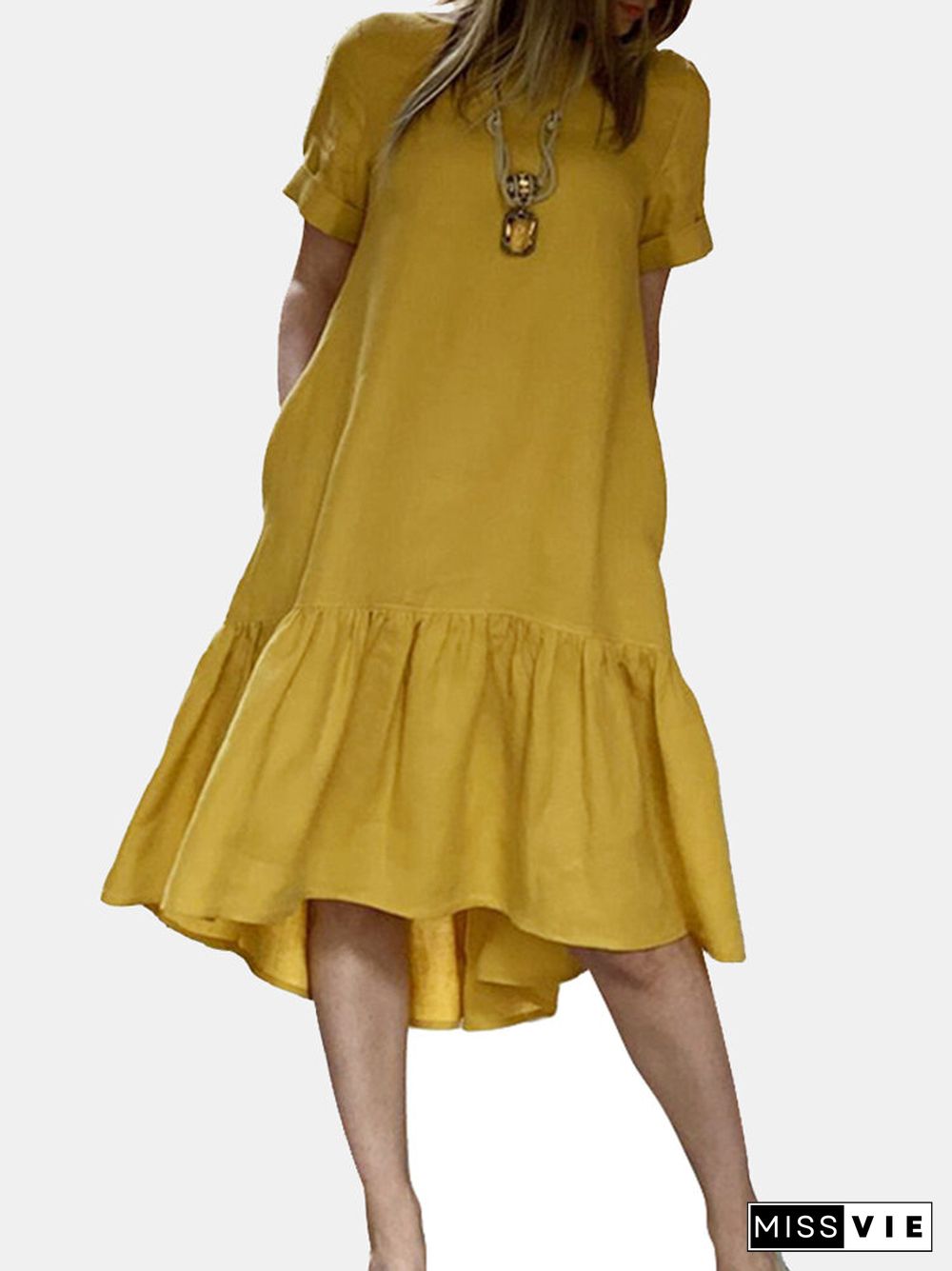 Solid Ruffle High-Low Hem Casual Cotton Midi Dress