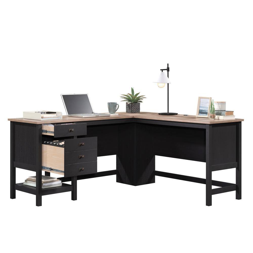 SAUDER Cottage Road 65.118 in. L-Shape Raven Oak Computer Desk with File Storage 431264