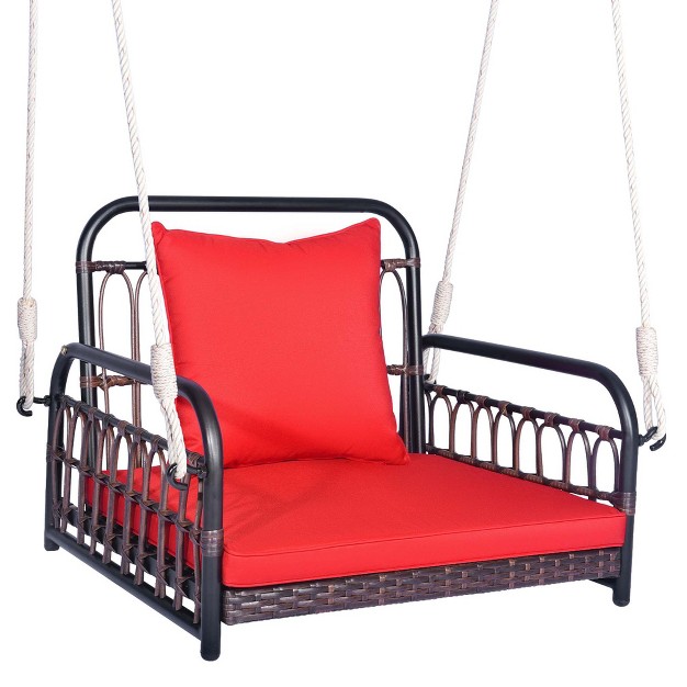 Costway Patio Hanging Rattan Basket Chair Swing Hammock Chair With Seat Cushion