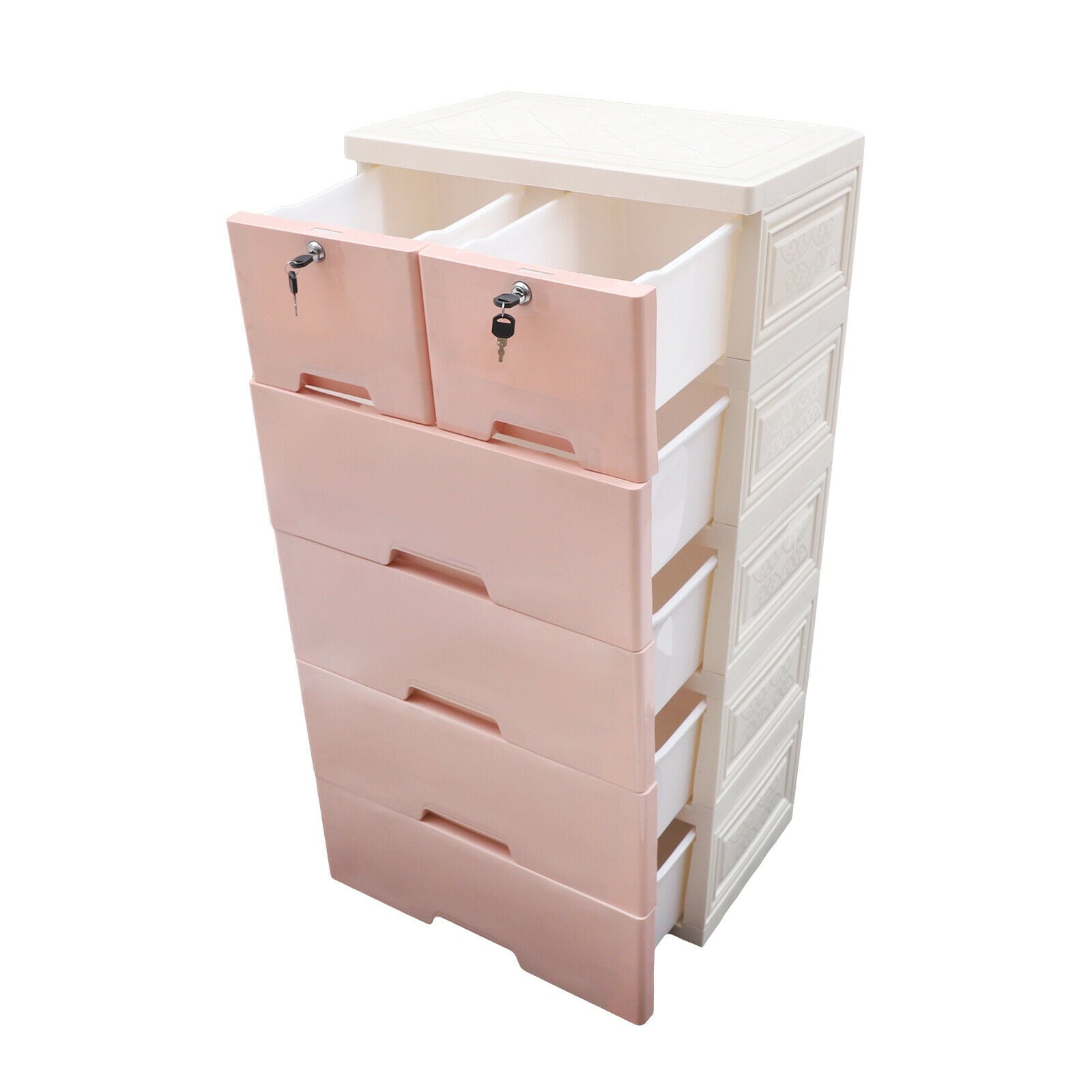 OUKANING Plastic Chest of Drawers 6 Drawer Dresser Bedroom Nightstand Storage Cabinet Pink Store clothes for Bedroom Living Room