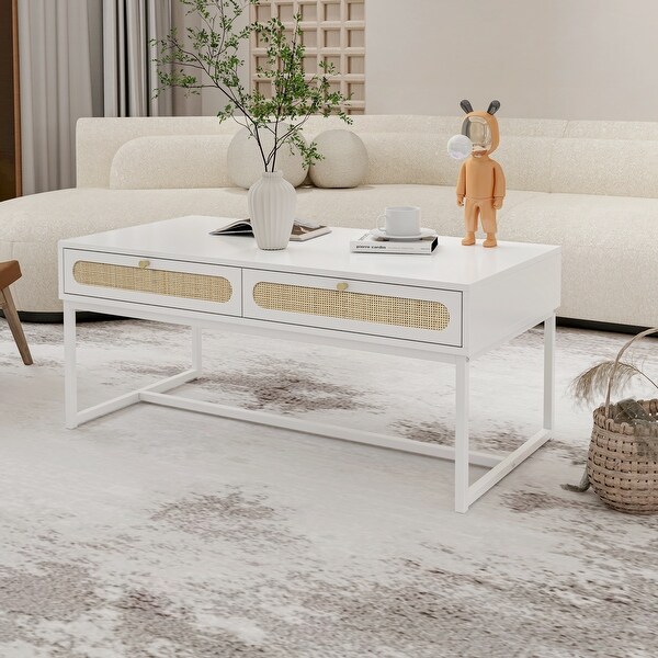 2 Rattan Drawer Coffee Table，Modern Furniture Decor，for Living Room Reception，Rectangular Unique Coffee Table