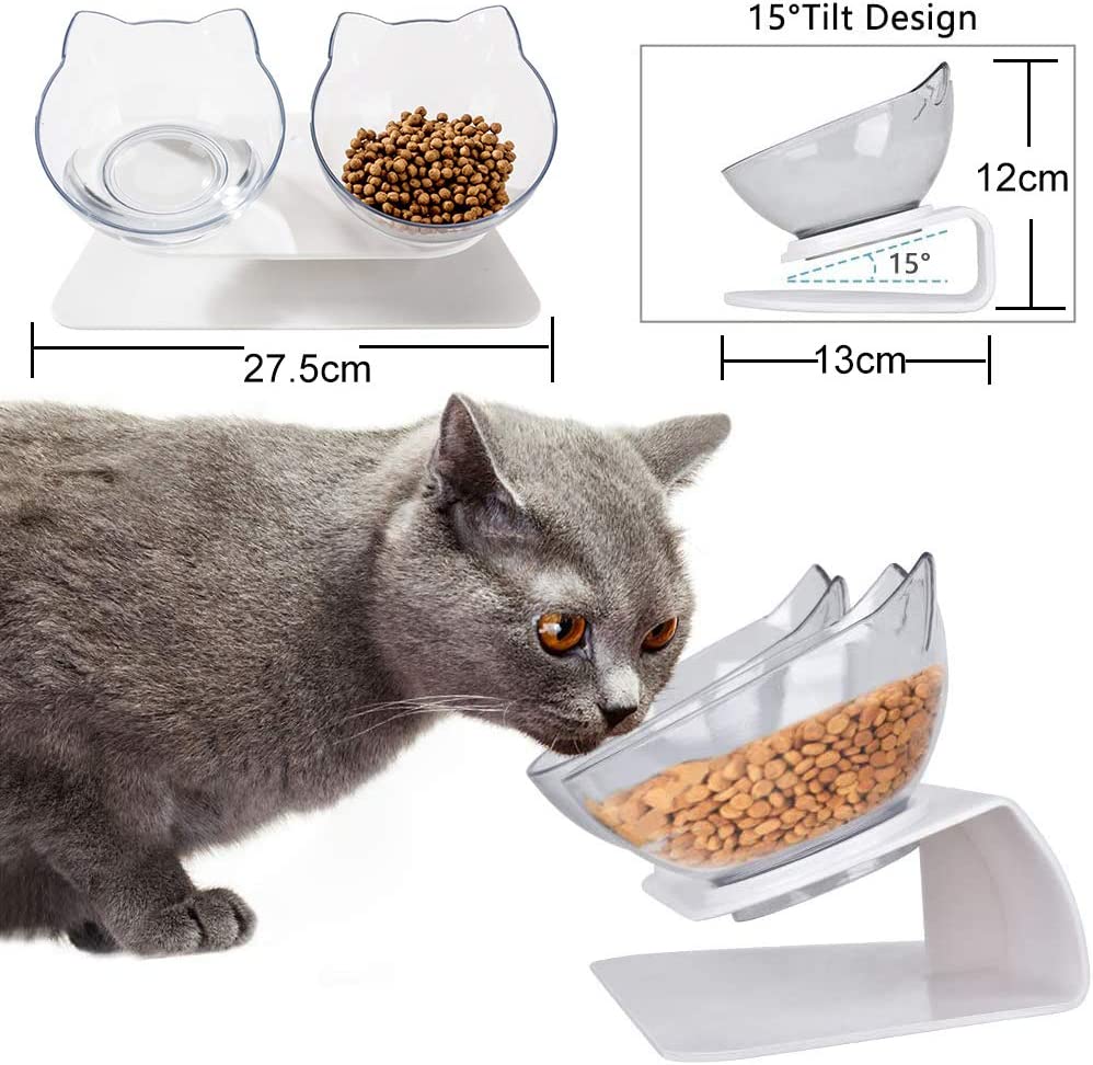 WELLXUNK® Cat Feeding Bowls, Cat Food Bowl With Raised Stand, 15°Tilted Anti-Slip Cat Bowl, Detachable, Non-Slip and Splash-Proof, For Food and Water Feeder, For Cats And Puppies (Transparent)