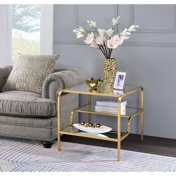 Astrid Square End Table with Shelf， Gold Finish