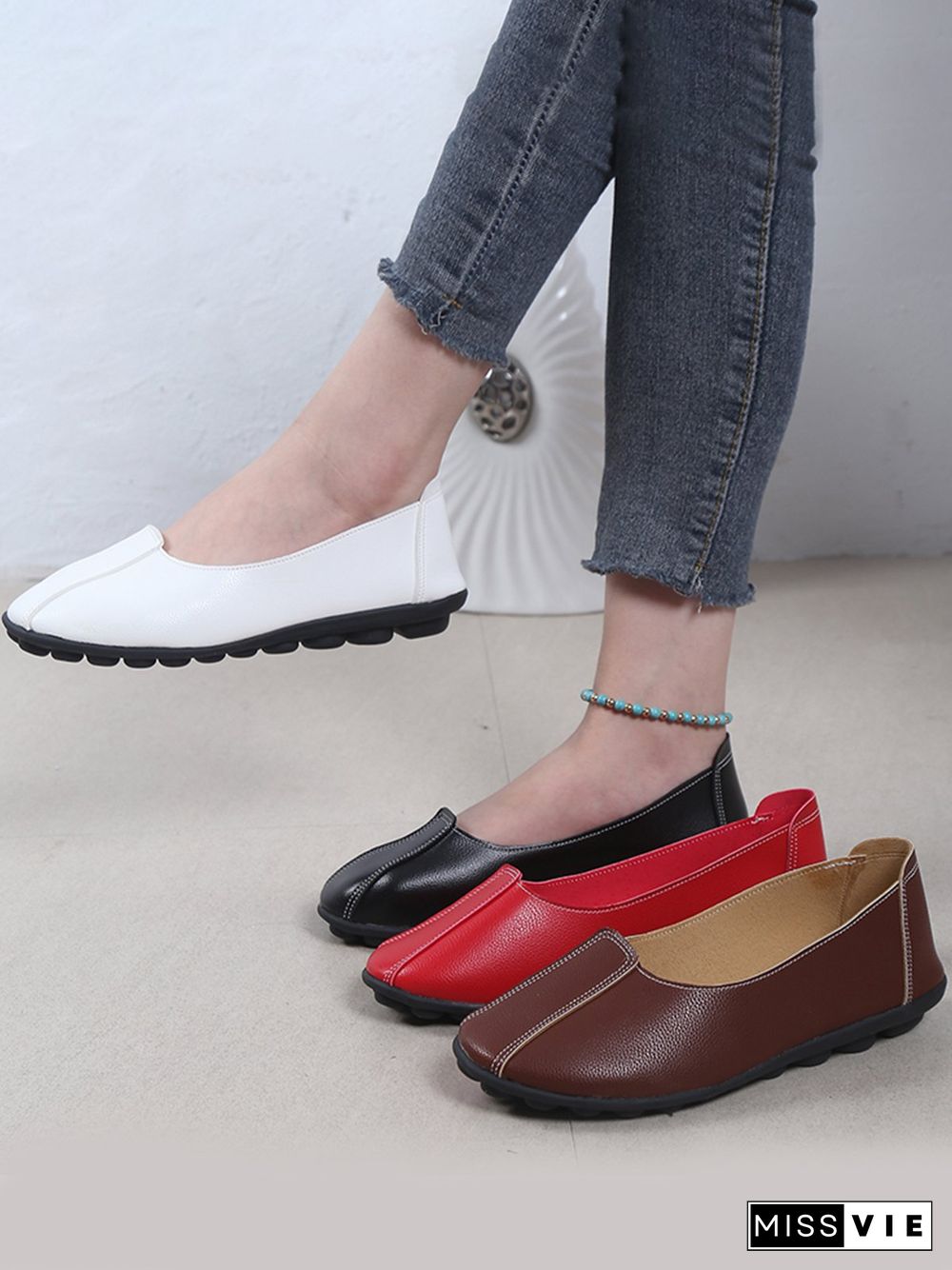 Women Casual Plain All Season Wearable Daily Flat Heel Pu Rubber Slip On Flats