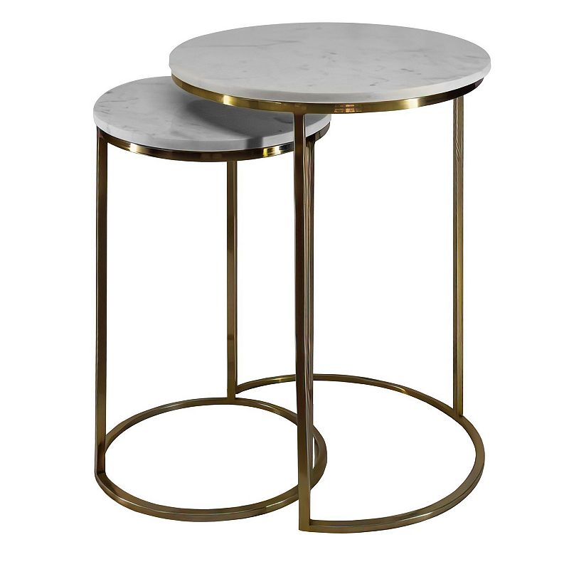 21， 18 Inch Transitional Style Round Marble Top Nesting End Table， Set Of 2， Metal Frame， White