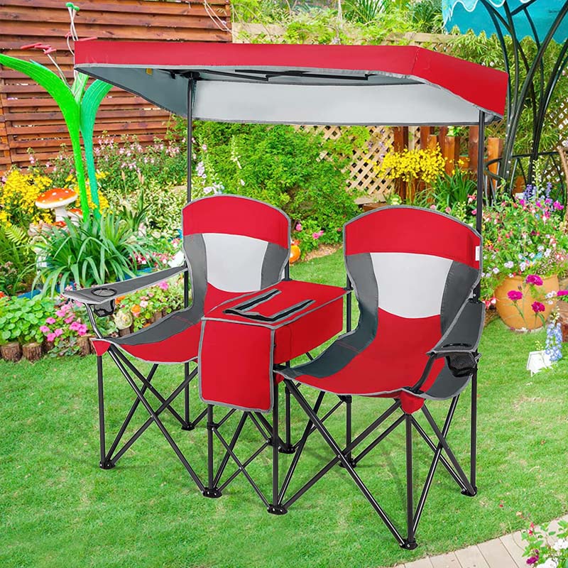 Double Sunshade Camping Canopy Chair with Mini Table, Cup Holder, Portable Folding Beach Chair with Canopy