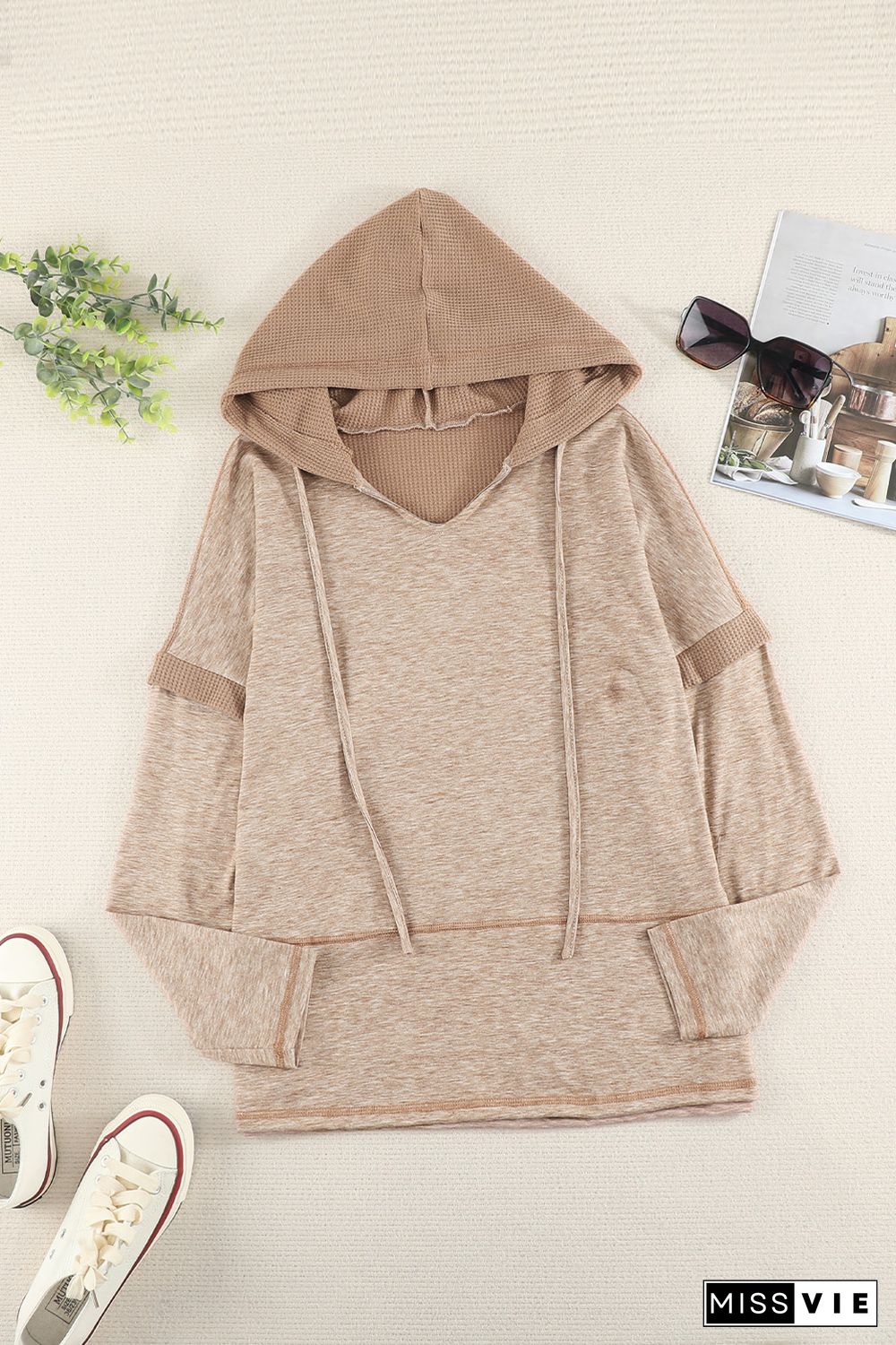 Waffle Patchwork V Neck Pullover Knit Hoodie