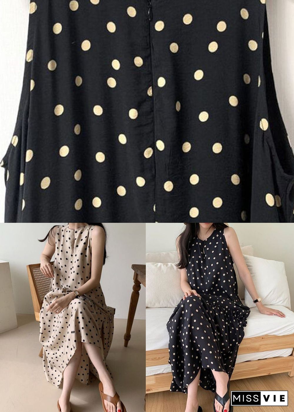 Black Dot Print Cotton Holiday Dresses O Neck Sleeveless