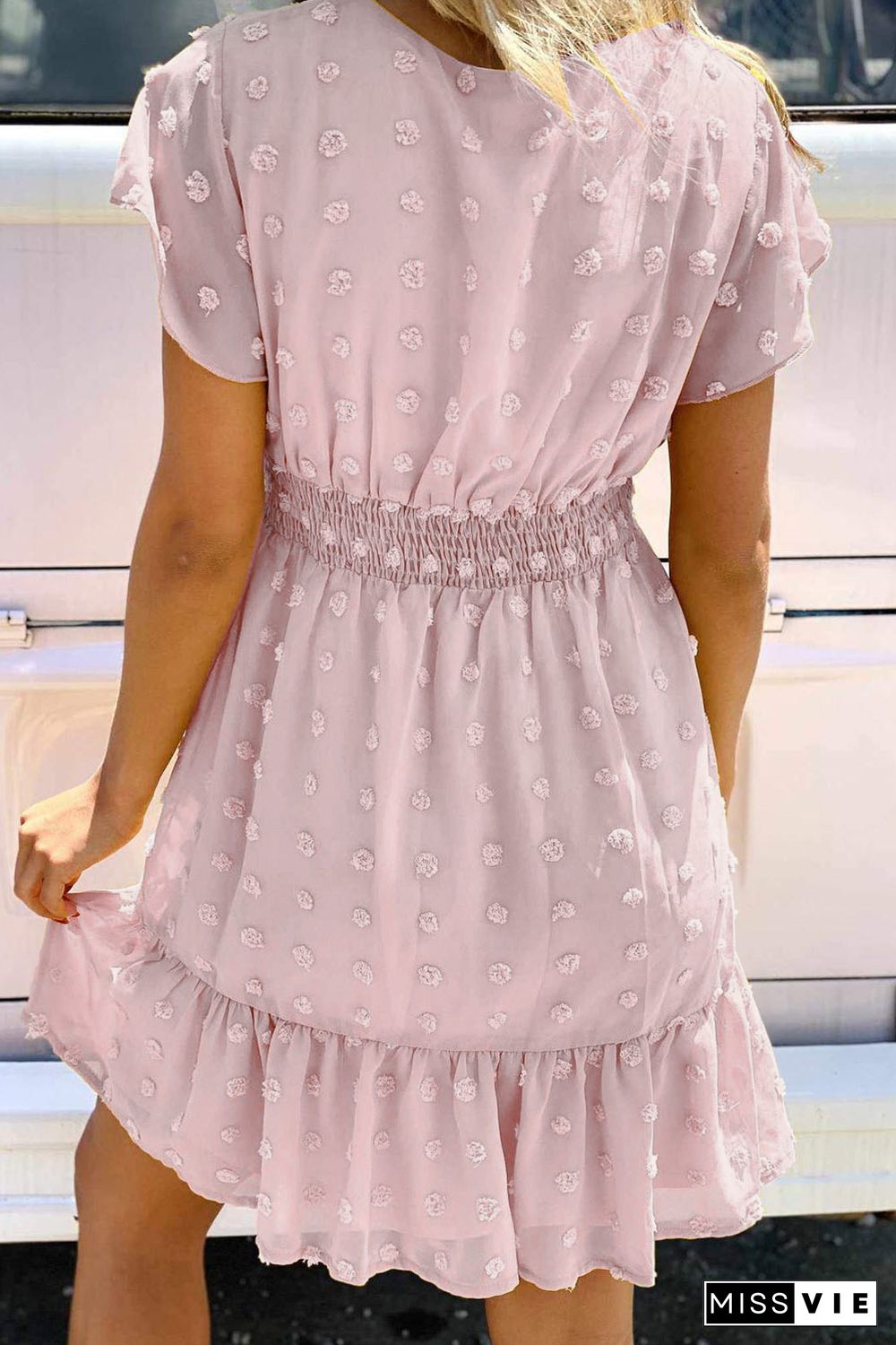 Pink Polka Dot V Neck Ruffled Short Sleeves Mini Dress