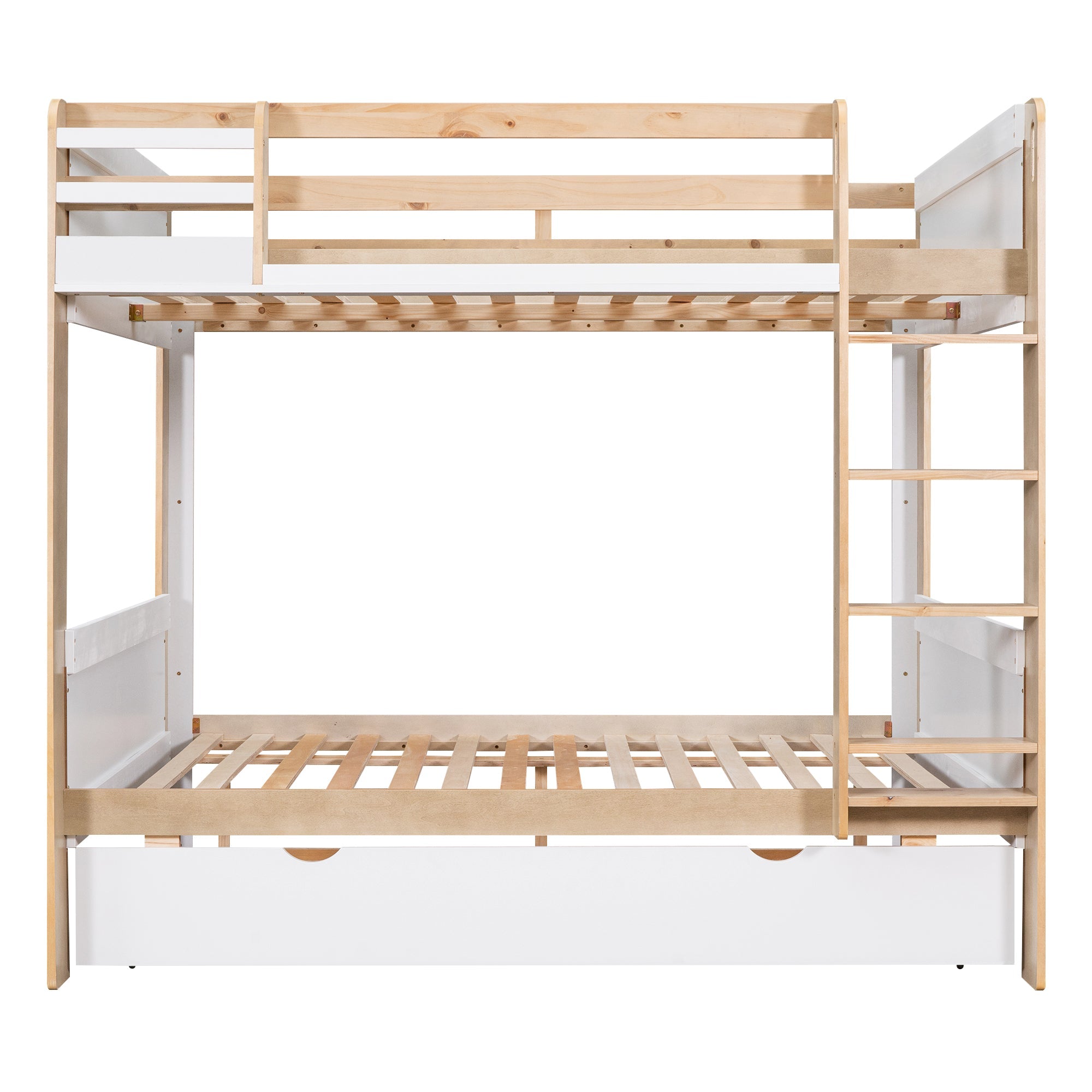 Full over Full Bunk Bed with Trundle and Little Shelf for Kids Bedroom, White