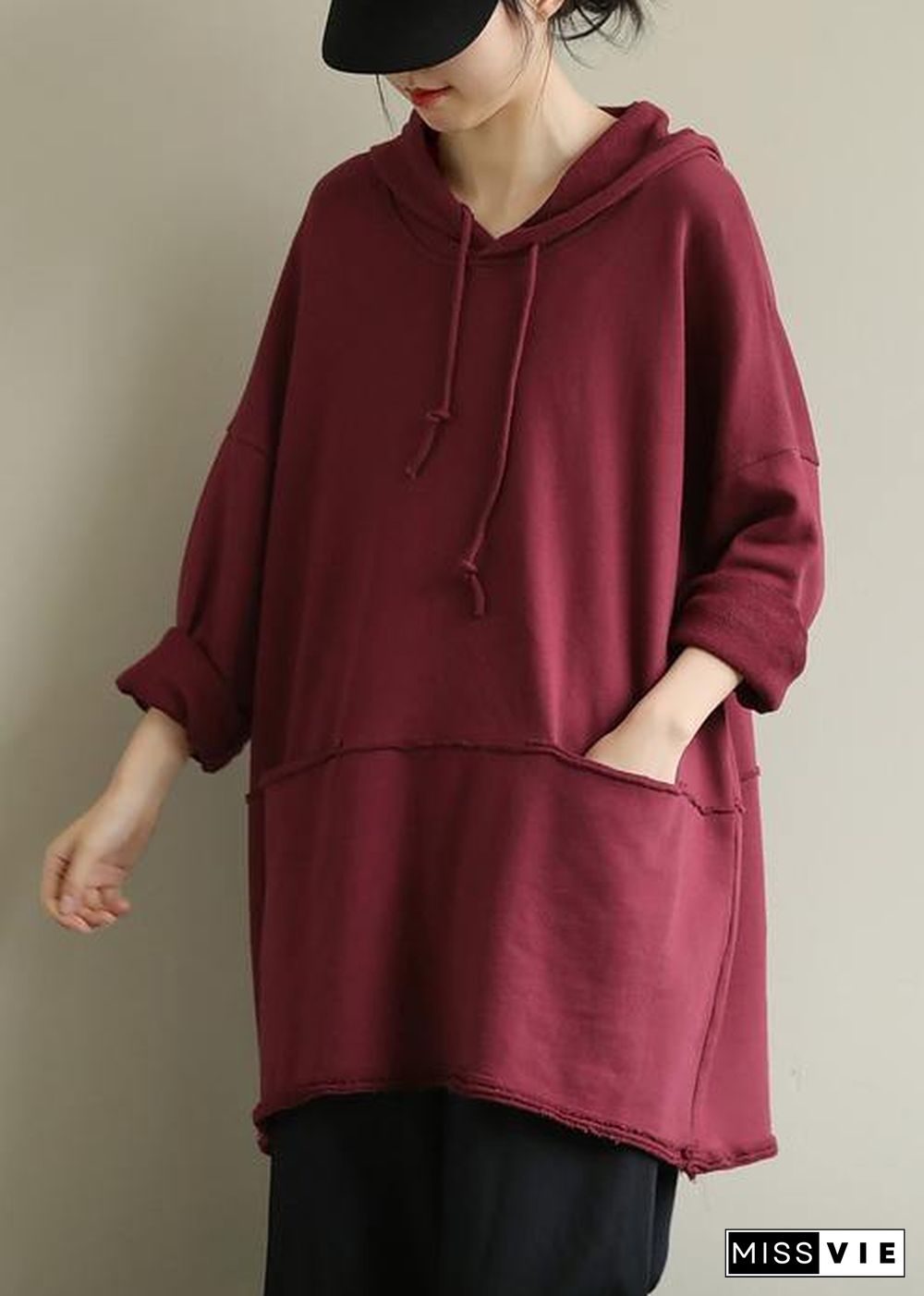 Art red blouses for women hooded drawstring oversized fall top