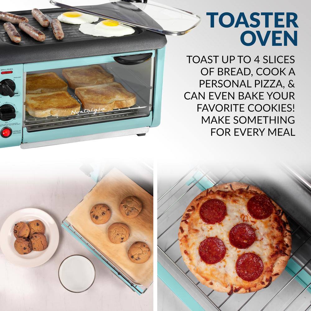 Nostalgia Retro 3-in-1 Aqua Electric Breakfast StationWith Non Stick Die Cast GrillGriddle4 Slice Toaster Oven and Coffee Maker BST3AQ