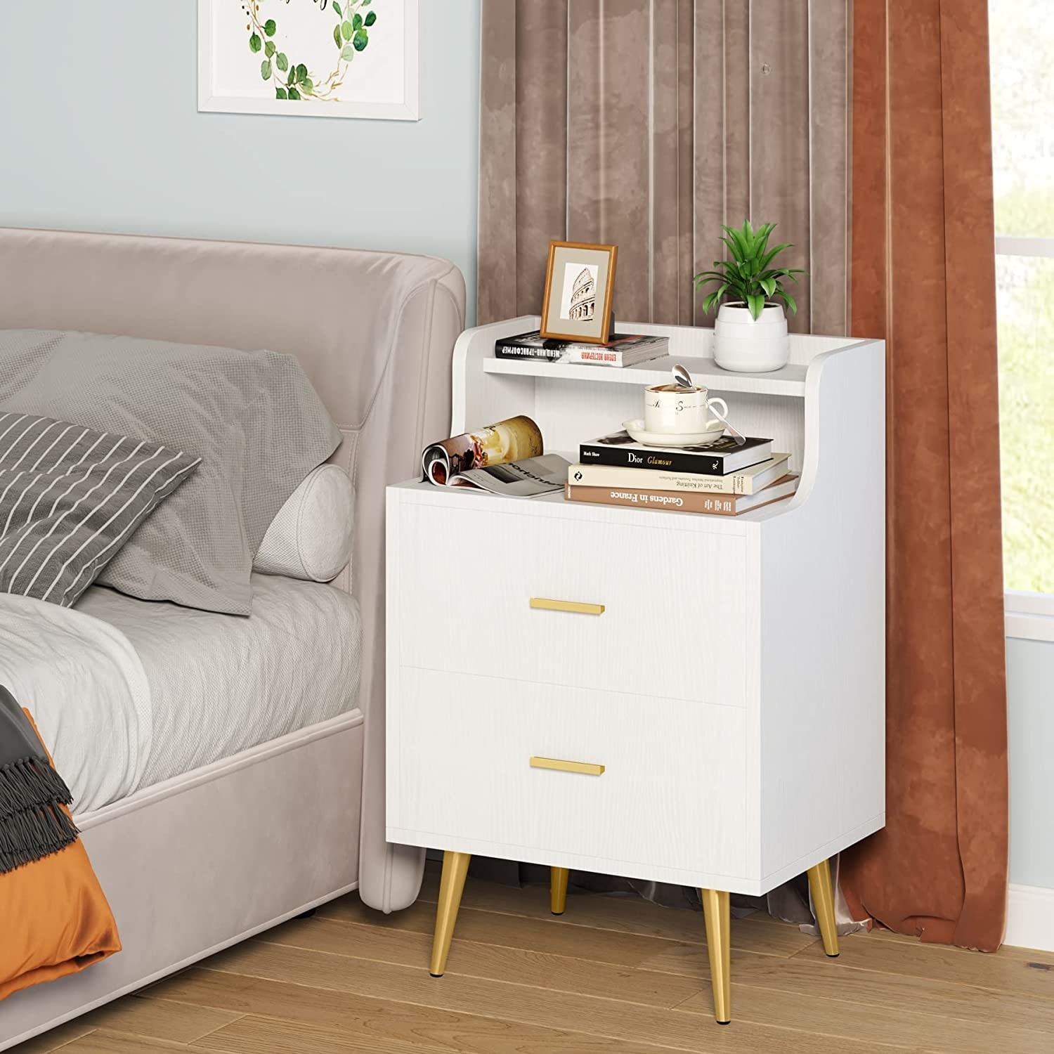 White Nightstand Modern Bedside Table with 2 Drawers