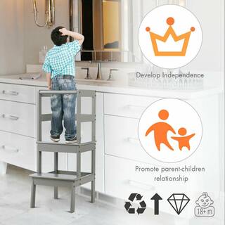 WELLFOR 2-Step Pine Wood Step Stool 330 lbs. Learning Toddler Tower with Safety Rail in Gray BB-HGY-5551GR