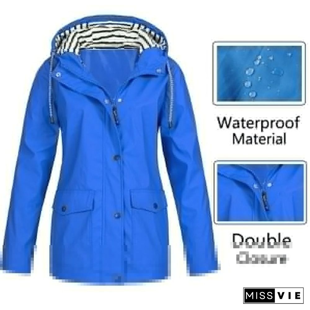 Fashion Women Waterproof Zipper Rain Jacket Solid Color Ladies Autumn and Spring Outdoor Mountaineering Lightweight Raincoats Plus Size S-5XL