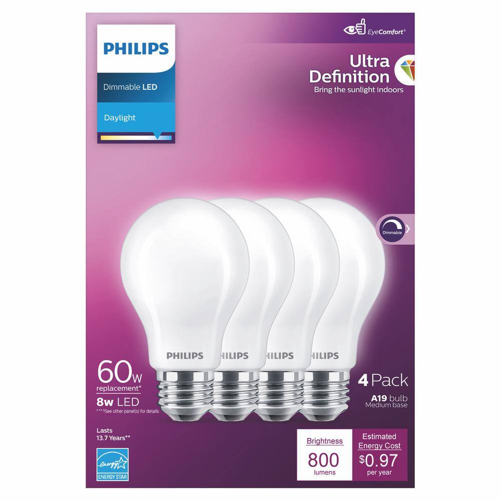 Philips 60-Watt Equivalent A19 Ultra Definition Dimmable E26 LED Light Bulb Daylight 5000K (4-Pack) 576132