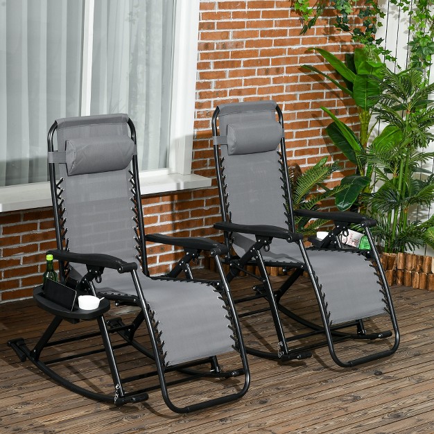 Outsunny 2 Outdoor Rocking Chairs Foldable Reclining Zero Gravity Lounge Rockers W Pillow Cup amp Phone Holder Combo Design W Folding Legs Gray