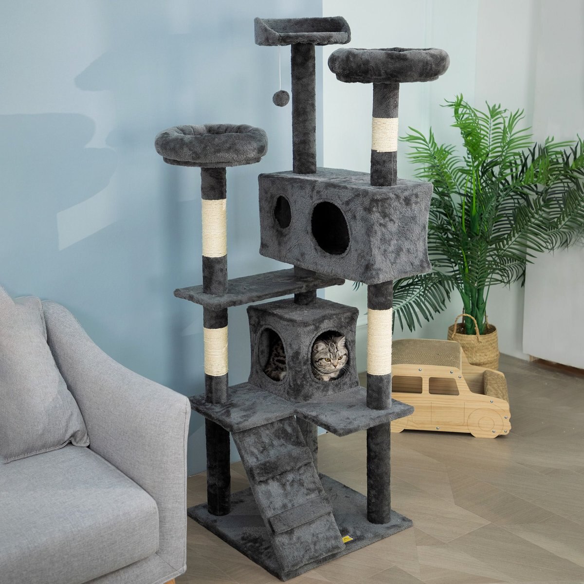 Coziwow 60-in Scratching Posts and Toys Cat Tree and Condo， Grey