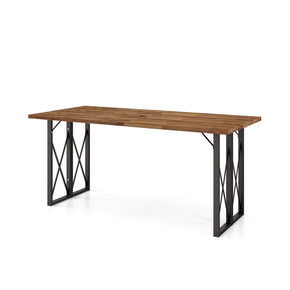 67 Inch Patio Rectangle Acacia Wood Dining Table with Umbrella Hole   67\