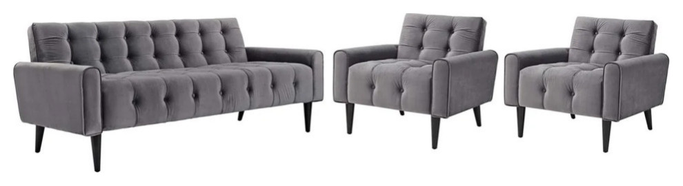 Elsie Gray Living Room Set Performance Velvet Set of 3   Midcentury   Living Room Furniture Sets   by Virgil Stanis Design  Houzz