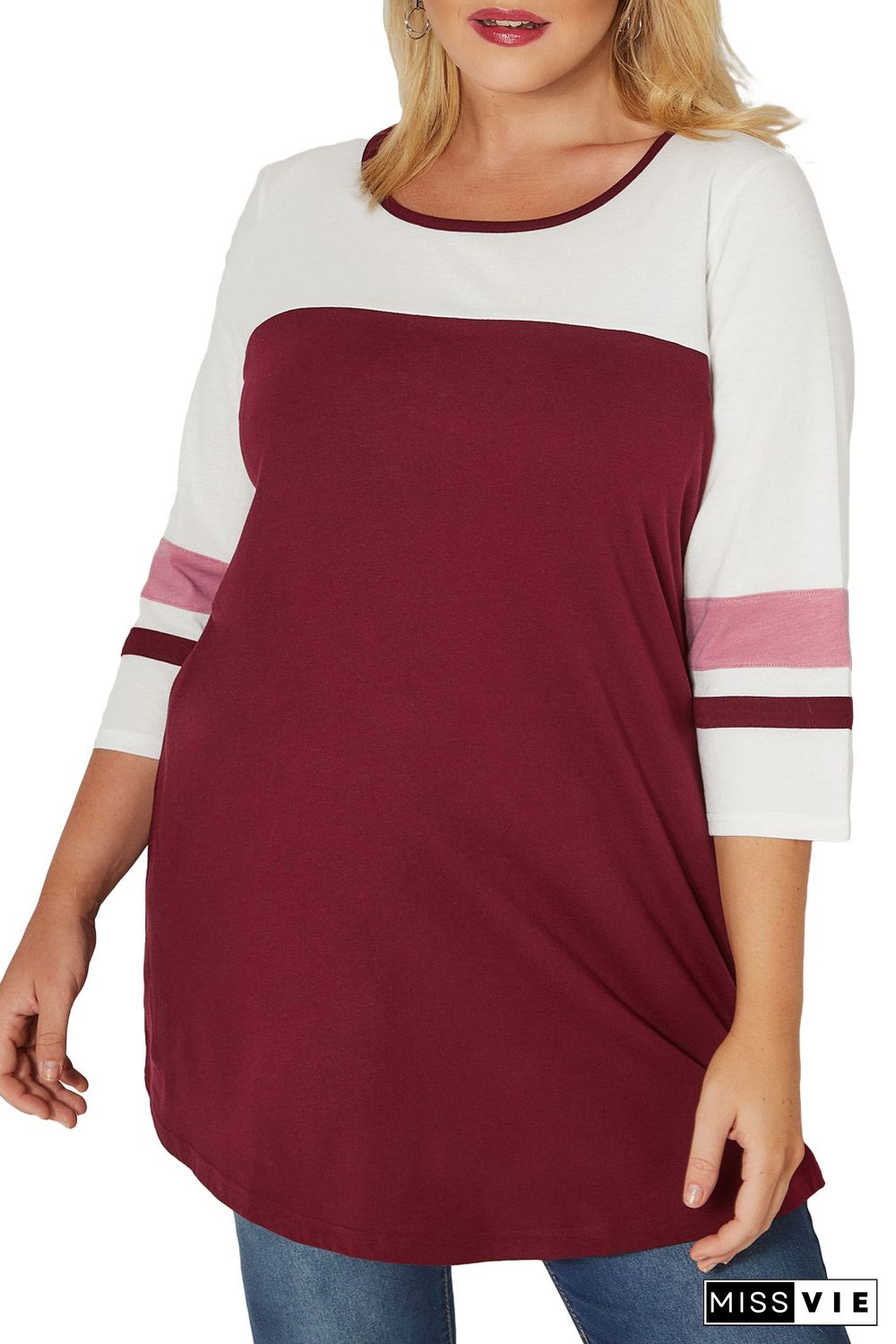 Colorblock 3/4 Sleeve Plus Size Top