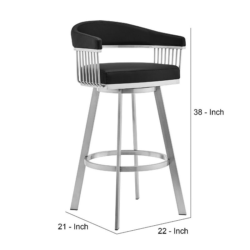 Swivel Barstool with Open Frame and Slatted Metal Arms， Black and Silver