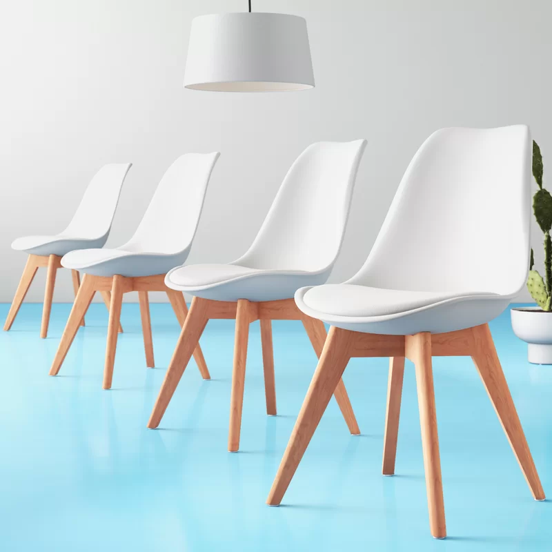 Matcha Chic Set of 4 Dining Chairs Mid-Century Modern Shell PU Seat with Wooden Legs-White