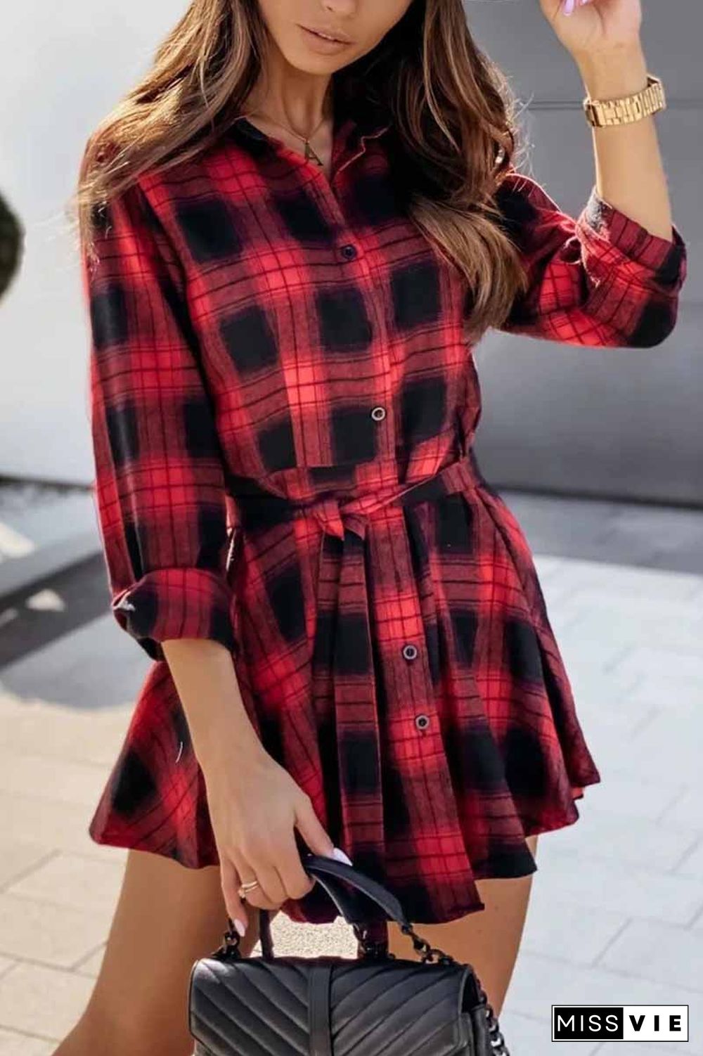 Long Sleeve Plaid Shirt Mini Dress