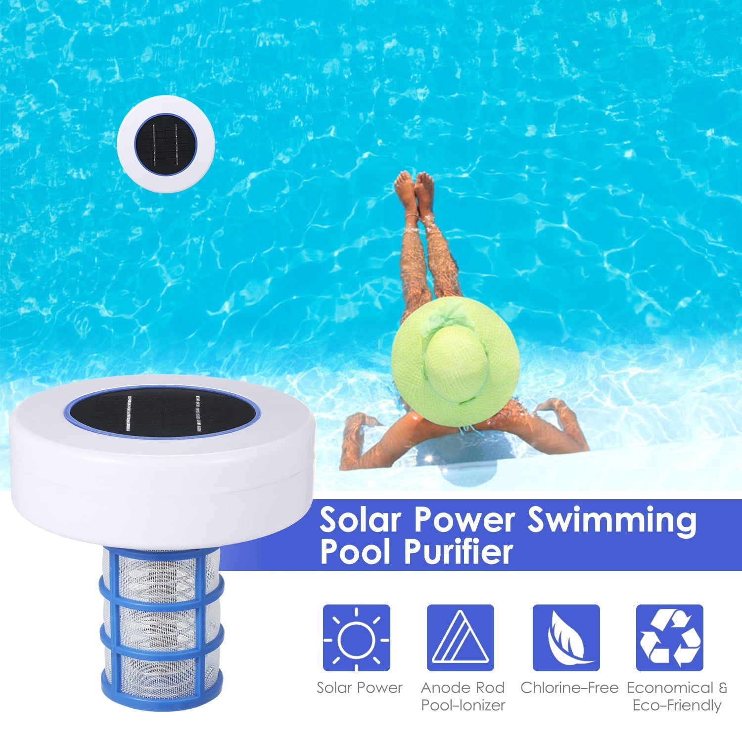 Docooler Solar Power Swimming Pool Purifier Solar Pool-Ionizer Swimming Pool Water Algae Inhibition Chlorine-Free Water Processor