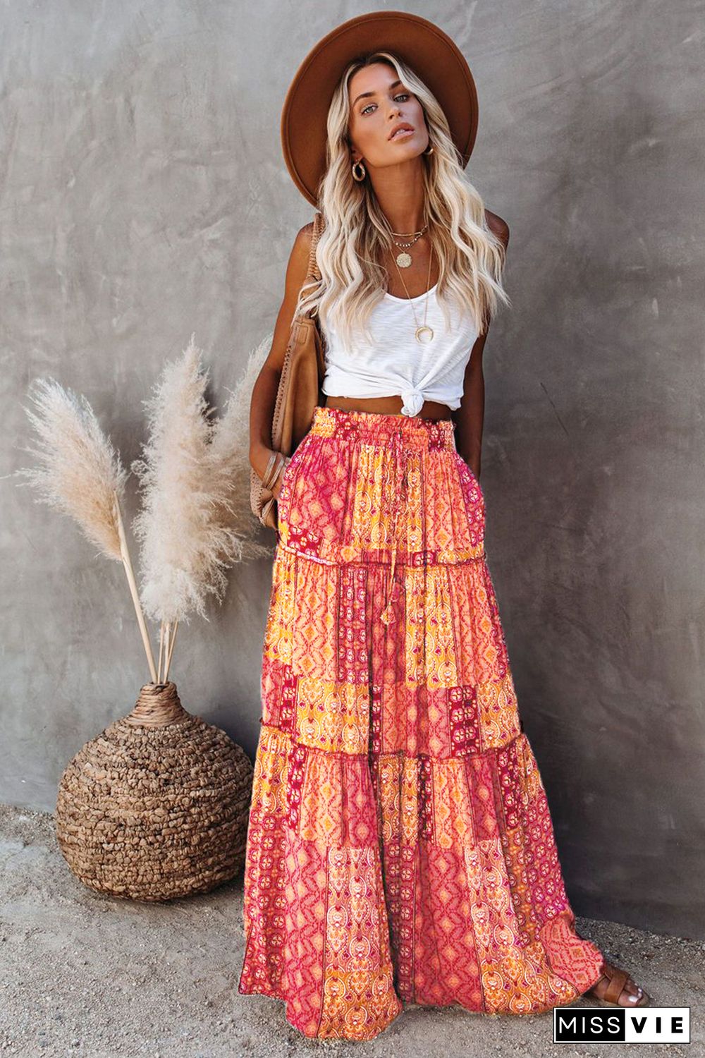 Orange Tiered Paisley Print Pocketed Maxi Skirt